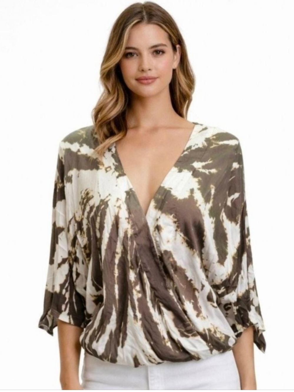 Young Fabulous & Broke Brown and White Tie Dye Wrap Blouse Size Large